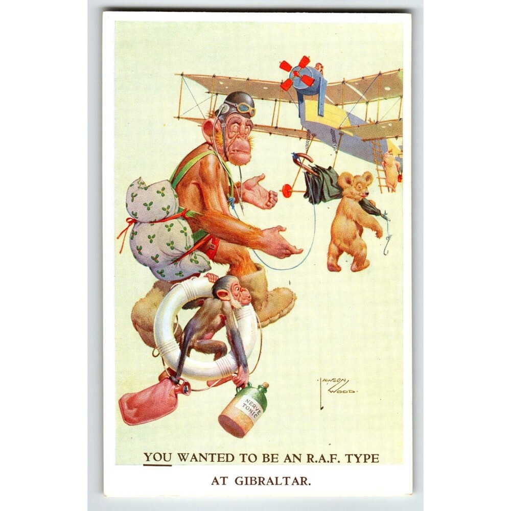 Monkey Pilot Airplane Bear Postcard Larson Wood Signed Fantasy Anthropomorphic